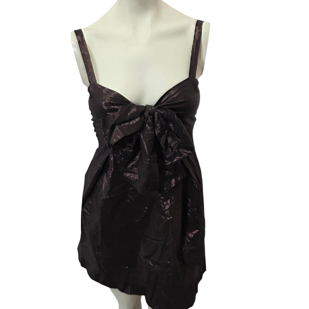La ROK Metallic Silk Blend Bow Mini Dress Brown Party Cocktail XS Back Zip Glam
